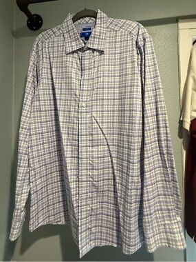 Men's Egara Plaid Button-Up Shirt - Light Blue & White with purple